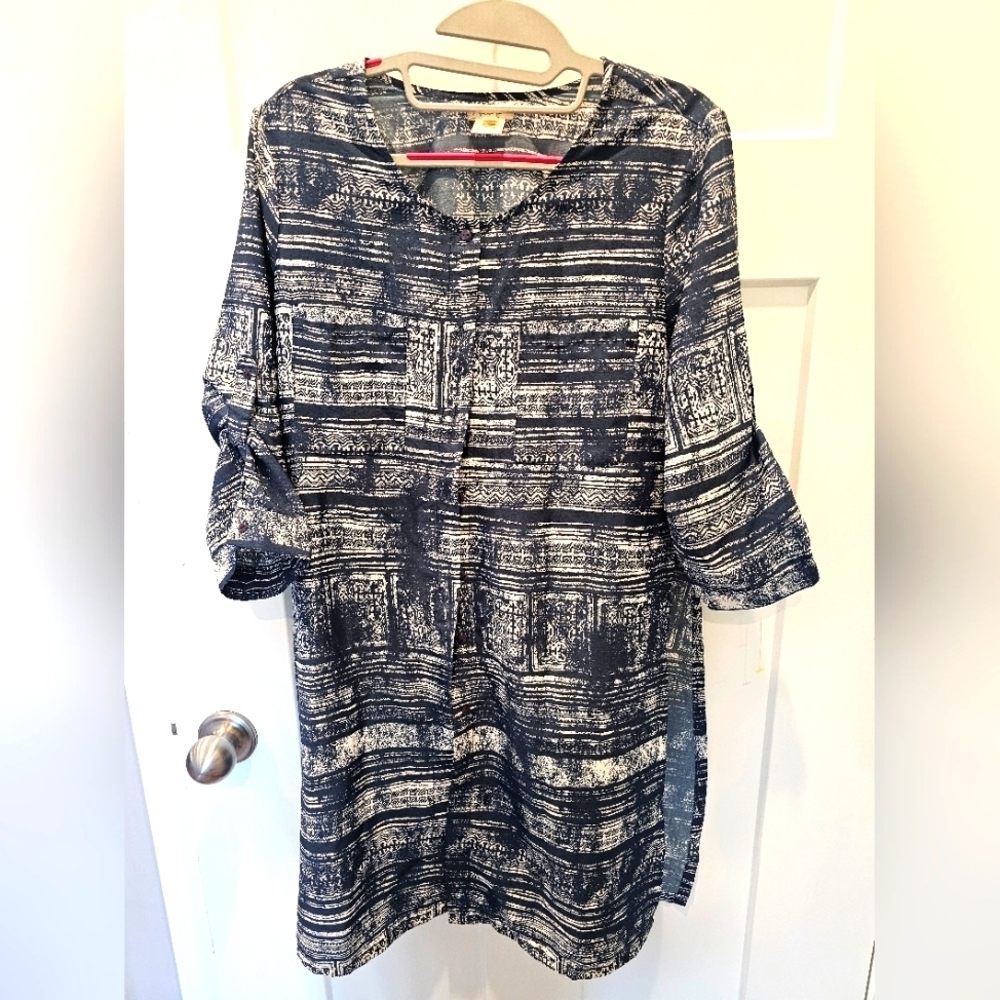 Antilia Femme Blue White Abstract Boho Tunic Shift Mini Dress S